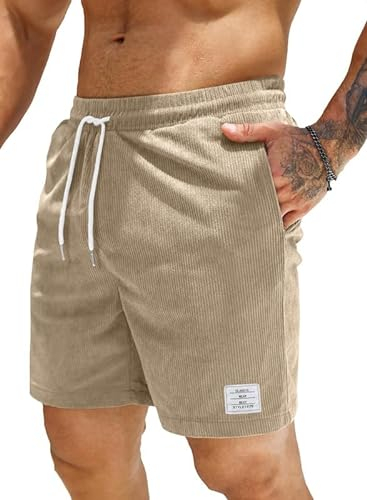 JMIERR Herren Corduroy Short 2024 Sommer Leinen Stretch Baumwolle Kurze Hose mit Taschen Beige 3XL