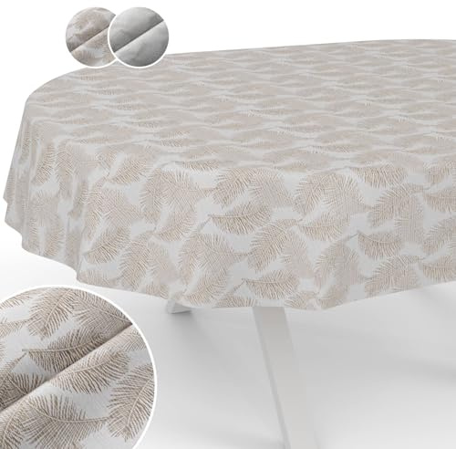 Tischdecke Stoff abwaschbar Lurex Tischtuch Tafeldecke Teflon beschichtet pflegeleicht Lotuseffekt schmutz- & wasserabweisend Kate Floral Blätter Oval 240x140cm Schnittkante Gold