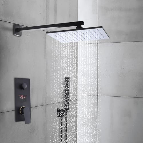 Duschsystem Unterputz Set Schwarz Duscharmatur LED Regendusche 30 * 30cm Überkopfbrauseset,Intelligenter Thermostat