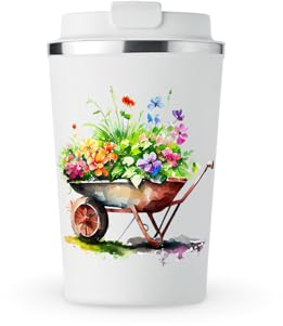 MAXIKIWI - Insulated Double Walled, Leakproof Stainless Steel Mug, Coffee or Tea Travel Tumbler with Lid, Keep Drinks Hot and Cold - Wheelbarrow Planter - 350ml