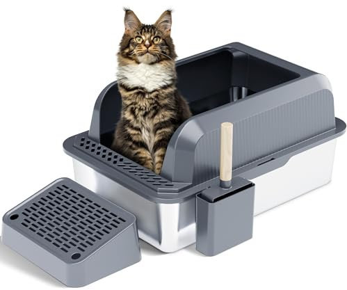 Bienvoun XXL Cat Litter Box, Stainless Steel and PP Litter Box with Lid, Opened Metal Litter Tray, High Rim Removable, Scoop, Sand Filter Pedal, 60.8cm x 40.8cm x 29.3cm, Dark Grey