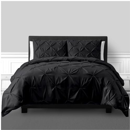 GC GAVENO CAVAILIA Pleated Bedding Set - Double Duvet Cover with Pillowcases - Luxury Pinch Pleat Ruched Quilt Cover, Easy Care Machine Washable Bed Linen, Hotel Style Bedroom Décor, Black