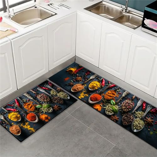 Hixingo Küchenteppich Waschbar rutschfest 3D Gewürze Würze Druck Super Saugfähig Küche Teppich Läufer aus Kieselgur, Bodenmatte Fußmatte für Esszimmer, Flur, Waschküche (40x120cm,Stil K)