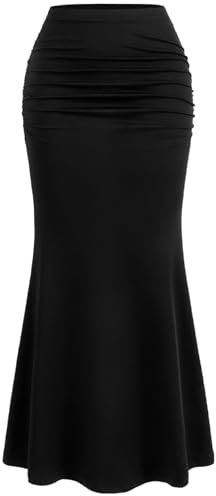GORGLITTER Damen Fischschwanz Rock Lang Elegant Midirock Sommer Röcke Enger Rock mit Faltenoptik Schwarz S