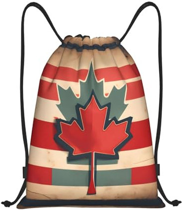 HJLUUFT Retro-Rucksack mit Kanada-Flaggenmuster, Kordelzug, wasserdichter Rucksack und Cinch-Tasche mit verstellbaren Kordelzügen, Schwarz, Small