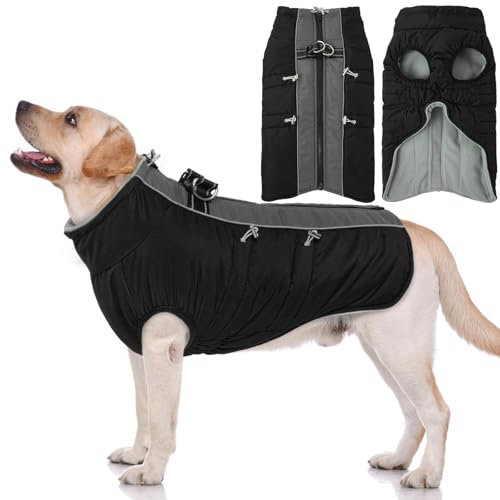 Hjyokuso Hundemantel Wasserdicht, Hundejacke Winter, Hundemantel Mit Geschirr Für Kleine Mittelgroße Grosse Hunde, Winddichte Wintermantel Hund Mit Reflektorstreifen Und ReißVerschluss - XL
