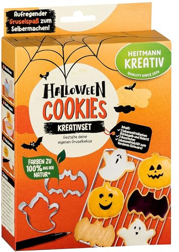 HEITMANN KREATIV - Halloween Cookies Kreativset - Pulverfarben auf Pflanzenbasis - gelb & violett - bunte DIY Cookies zum selbstgestalten mit 3 Ausstechern in Geist-, Kürbis- und Fledermausform