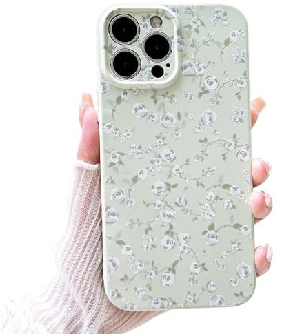 NITITOP Compatible with iPhone 15 Pro Max Case Cute Flower for Women Girls Floral Green Design Purple Rose Vintage Girly Soft Slim TPU Fashion Shockproof Protective Phone Cover - Green