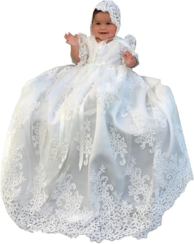 Lange weiße Spitze Taufkleider für Baby Mädchen, Weiss/opulenter Garten, 6 Monate