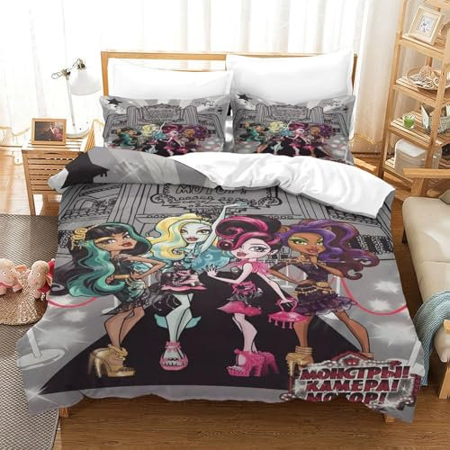 Monster High 3D Gedruckter Animierte Figuren Bettwäschegarnitur Bettbezug Set Für Kinder Mädchen Jungen Reissverschluss Weich Microfaser Und Kissenbezüge Bettwäsche 3 Teilig Single(140x200cm)