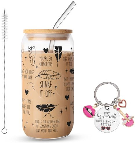 FIDWALL Inspirierendes Trinkbecher-Set, 16 oz Glas-Glasbecher mit Deckel & Strohhalm, einschließlich motivierendem Schlüsselanhänger, perfekt für Geburtstags- und besondere Anlässe Geschenke
