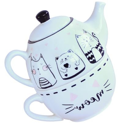Garneck Tetera y Taza De Cerámica Con Patrón De Gato Adorable Juego Para Beber Té Casa u Oficina Duradero y Práctico Para Amantes De Gatos