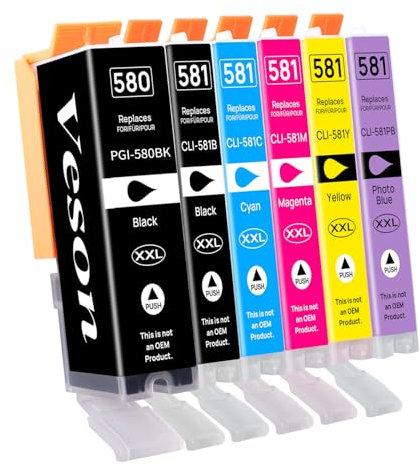 PGI-580 XXL CLI-581 XXL Druckerpatronen (Inklusive Foto Blau) Kompatibel für Canon 580 581 Multipack Patronen für Pixma TS8150 TS8151 TS8250 TS8251 TS8252 TS8350 TS8352 TS9150 TS9155 TS9100, 6er-Pack