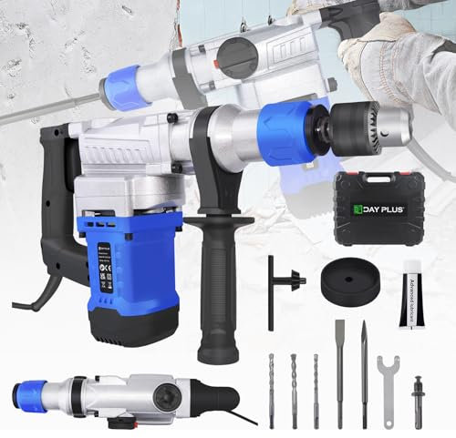 Elektrischer Bohrhammer,Schnurgebundener Hammer mit 6 verstellbaren Geschwindigkeiten & 360°Rotationsgriff,Schlagbohrmaschine,Schlagbohrer Set 1080W mit Bohrer & Meißel für Mauerwerk/Stein/Beton