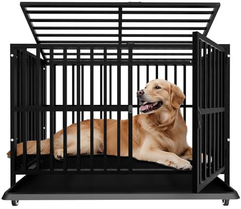 Extra große Hundekiste, Heavy Duty unverwüstliche legierte Stahl Hundehütte mit abschließbaren Rädern, doppelte Tür und stabile Schlösser, hohe Angst Hundekäfig mit abnehmbarem Fach (Extra große)