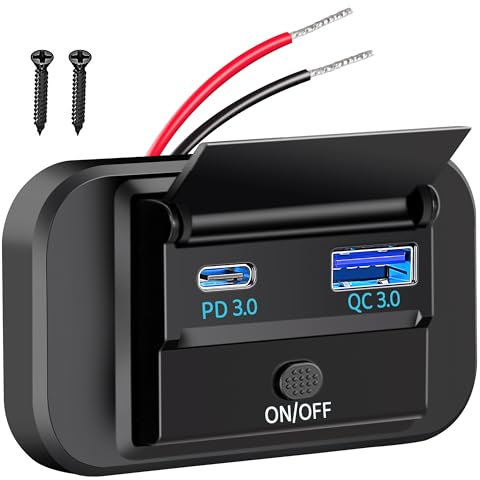 Tunejoy Toma de Cargador de Coche USB Dual 12V-24V Panel de Corriente 20W PD & USB 18W QC3.0 para Automóviles Barcos Camiones Autocaravana 67 * 38 * 17 mm
