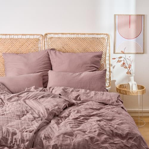 Blumtal Musselin Bettwäsche 200x220 cm + 2X 40x80 cm - Oeko-TEX zert. Bettwäsche Musselin aus 100% Baumwolle - extra weiches Bettwäsche-Set waschbar bei 40 °C - Sommerbettwäsche Violett