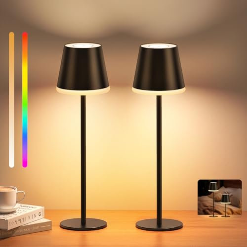 NIBSHOOM Tischlampe Kabellos Dimmbar,5200mAh Led Akku Tischleuchte Höhenverstellbare mit Warmweißes Licht & 256 RGB Farbwechsel,IP54 Wasserdicht Tischlampe Schwarz für Restaurant-2 Stück