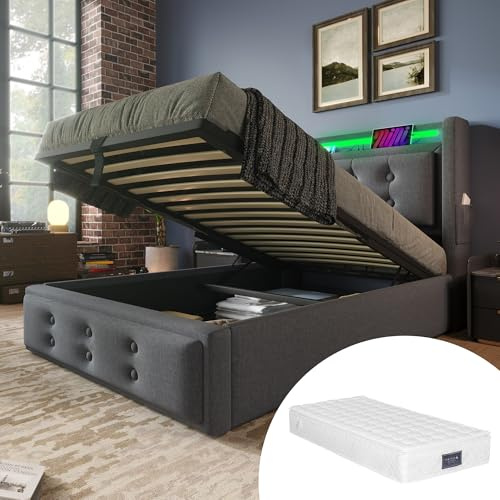 Polsterbett 90x200cm, Einzelbett mit Stauraum und Lattenrost, LED Kopfteil mit USB Ladefunktion, Stauraumbett Funktionsbetten Rückenlehne Bettgestell, Baumwolle (Grau 1, 90x200cm - Mit Matratze)