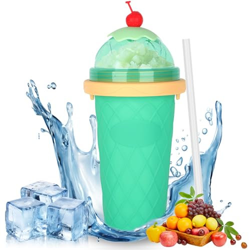DIY Slushy Maker Cup, Slushy Maker Mug Congelado de Silicona, Maquina de Granizados Cup con Pajita y Cuchara 2 en 1, Quick Vaso para Hacer Granizado para Batido de Frutas, Verde Claro