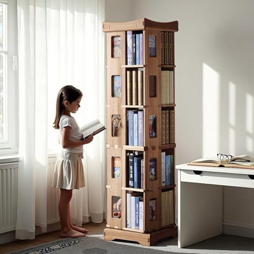 unununu Wooden Rotating Bookshelf, Larger Solid Wood Revolving Bookcase,360°Spinning Book Shelf Tower,Floor Standing Storage Rack,Corner Organizer for Small Space,Study,Office,17x17x69.75(5-Tier)