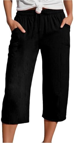 Pantacourt Coton Lin Femme Été Pantalon 3/4 Pantalons Fluide Décontractés Large Loisirs Léger Longueur Pants Jogging Casual Pantalons Yoga Pilattes Pantalon avec Poches Confortable Pants de Plage