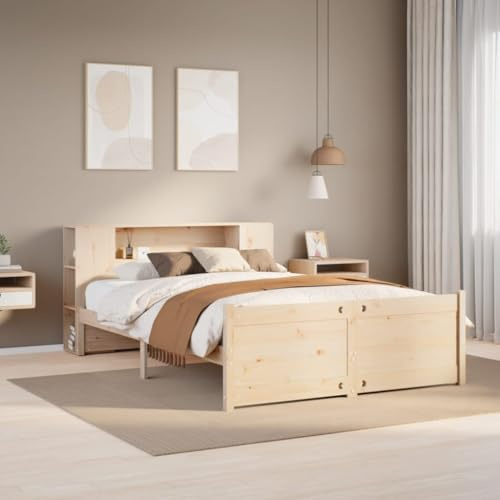 vidaXL Bookcase Bed - Solid Pine Wood Storage Bed Frame 140x190cm - Space-Saving Slatted Base with Ample Headboard Compartments for Modern Bedroom