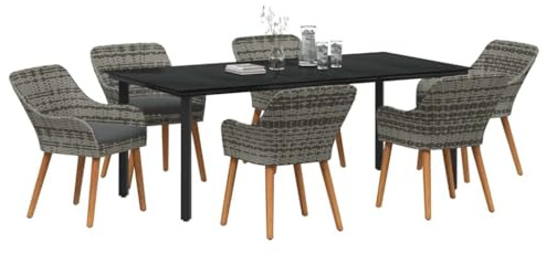 vidaXL Garten Essgruppe mit Kissen 7 pcs Grau Poly-Rattan, Stylisches Garten- und Terrassenset, Moderne UV-beständige Materialien, Tisch und Stühle für Essen im Freien