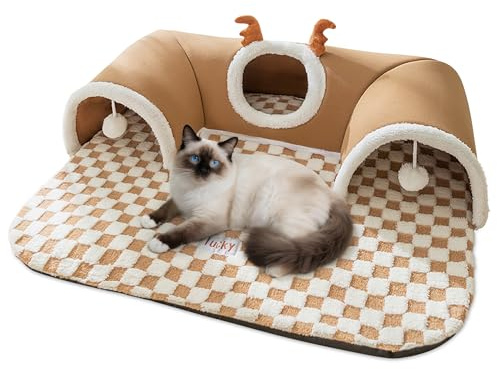 ALLSOPETS Katzentunnel Bett – Faltbarer Spieltunnel mit Hängespielzeug, Rutschfester Boden – Für Kleine, Mittlere und Große Katzen & Kaninchen (Brauner Hirsch, L)