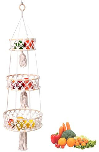 Obstkorb Hängend Korb Geflochten 3 Stöckiger, 1 Stück Hängender Obstkorb Boho, Obst Hängekorb, Makramee Geflochten Hängekorb, 3 Stufiger Hängekorb für Küche Wohnzimmer Badezimmer Schlafzimmer