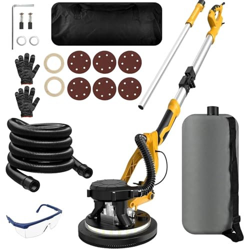 Ponceuse de Cloisons Sèches, 1250W Ponceuse Girafe Aspirante Électrique, Poignée Pliable et Rétractable, 5 Vitesses, Dépoussiérage Automatique, Lumière LED, Tête Pivotante Réglable de 0° à 90°