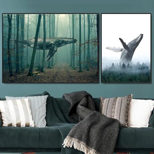 2 Stück Abstrakte Wale, Die Im Wald Schwimmen, Nordisches Druckplakat, Bäume, Frühlingslandschaft, Bild, Kunst, Leinwand, Malerei, Kreative Wohnkultur 30X40Cmx2Pcs Kein Rahmen
