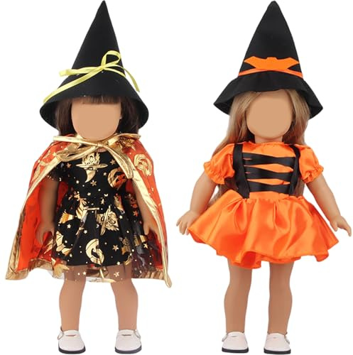 Lawnrden Halloween Doll Clothes and Accessories, 2 Sets 18 Inch Doll Clothes and Accessories Includes Witch Hat and Dress, Orange Pretty for Halloween Costumes Girls Gifts