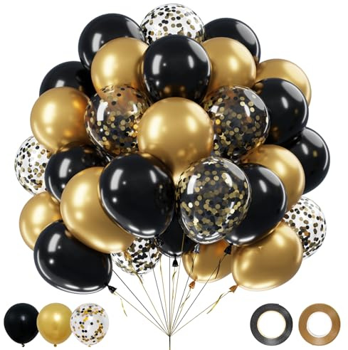 Luftballons Schwarz Gold, 62 Stück Schwarze Goldene Luftballons Geburtstag | Schwarze Goldene Luftballons, Helium Ballons Schwarz Gold für Männer Geburtstag Einschulung Hochzeit Halloween Casino Deko