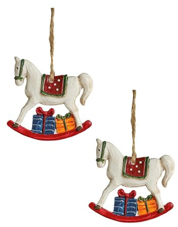Weihnachtsbaum Anhänger Schaukelpferd aus Resin, 2-TLG Set | Klassischer Christbaumschmuck mit Goldkordel | Festliche Dekoration für Baum & Zuhause