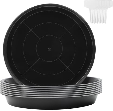 8X Platillos para Plantas Redondo Platos para Macetas Plastico Negro Ø 16cm | con 10 Etiquetas, para Plantas de Interior Exterior, Jardines, Balcones
