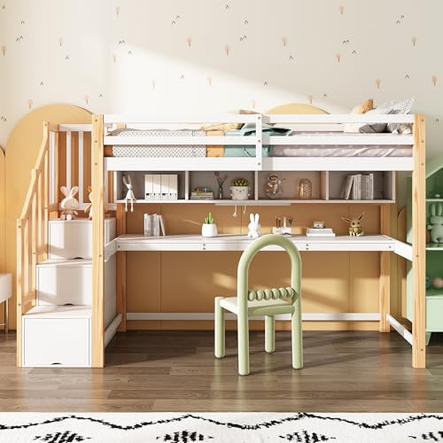 Ball & Cast Bunk Bed with Desk and Shelves, Loft Bed with Storage Stairs and Slatted Frame, 3FT6 Wooden Bed Frame for Kids Bed, 90 x 190cm, White, (Without Mattress)