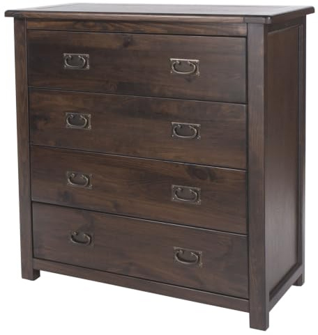Core Products Boston 4-Drawer Chest of Drawers | Rustic Brown Lacquer Finish | Solid Pine Wood | Bail-Drop Metal Handles | Storage Unit for Bedroom, Living Room, Hallway | W90 x D40 x H94.5 cm