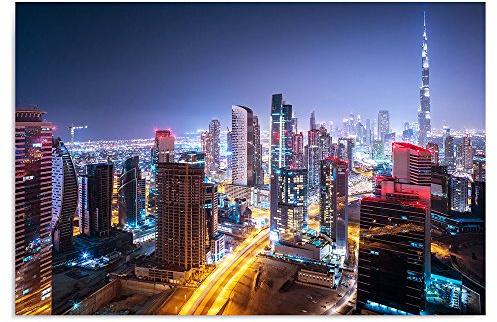 Feeby Bilder Dubai Die Nacht XXL 120x80 cm Wohnzimmer Schlafzimmer Büro Flur Küche Wandbilder Modern Bild auf Leinwand Wanddekoration Kunstdruck Design Dunkelblauen Blau Gelb Rosa