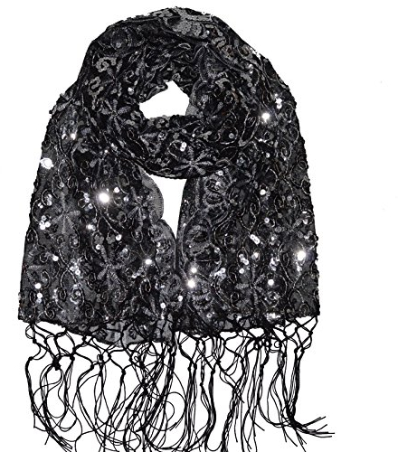 Schal Tuch Pareo Schleier Stola Tüll Pailletten Glänzend Hochzeit Party Tanz Schultertuch (Schwarz-Silber)