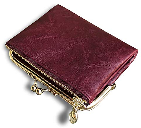 AOXONEL Womens Wallet Small RFID Ladies Compact Bifold Leather Vintage Coin Purse with Zipper and Kiss Lock (Purple)