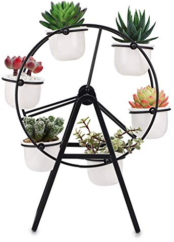 SUMNACON Ferris Wheel Succulent Planter Plant Stand Ceramic Plant Pot Display Holder Mini Flower Stand with Pot,Black( Not include plant)