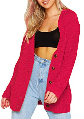Mix Brand Elegant Womens Chunky Cable Knit Cardigan Daisy Button Everyday Aran Long Sleeves Grandad Plus Sizes UK (Fuchsia, 2XL (20-22))