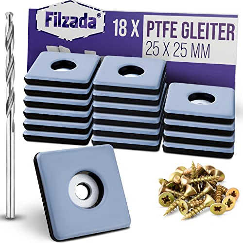 Filzada® 18x Teflongleiter zum Schrauben - 25 x 25 mm (eckig) - Möbelgleiter/Teppichgleiter PTFE (Teflon) inkl. Schrauben