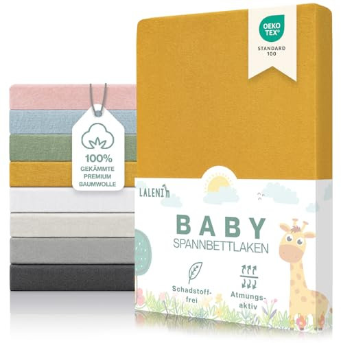 Laleni Premium Spannbettlaken 60x120x15 cm Babybett 2er Set | Oeko-TEX zertifiziertes Bettlaken 60x120 Kinderbett | Kinderbettwäsche 60x120 100% Baumwolle | Spannbettlaken 60x120 cm Baby in Gelb