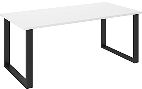 Tisch Limanda, Praktischer Esszimmertisch, Wohnzimmertisch, Küchentisch, Schwrz Stahlbeine, Tisch für Esszimmer, Essgruppe (Weiß/Schwarz, 185 x 90 cm)