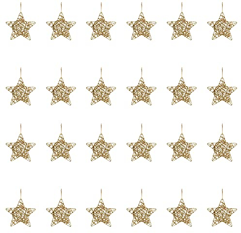 Belle Vous Christbaumschmuck Deko Gold (24Stk) - 10x10cm Deko Metall Sterne Weihnachtsbaumschmuck Anhänger mit Schnur – Weihnachtsdeko Sterne zum Hängen für Baumschmuck, Kamin, Adventskranz Metall