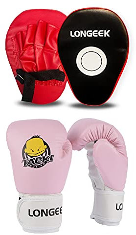 Longeek Gants de Combat de Boxe,Gants d'entraînement de Boxe Gants de Boxe Enfant 3 à 10 Ans Sac de Frappe,Kickboxing, Muay Thai, MMA,4oz Junior Boxing Gloves (Pink and Red)