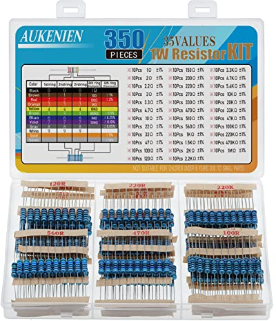AUKENIEN Kit de Résistance électrique 35 Valeurs 350pcs 1W Resistances Electronique Assortiment 1 Ohm à 1M Ohm Film Métallique Resistors Kit Conforme RoHS avec ±1% Tolérance