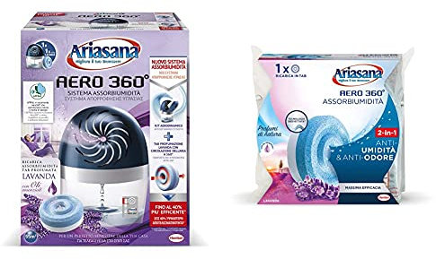 Ariasana Aero 360° Kit Assorbiumidità, Deumidificatore Ricaricabile Non Elettrico, Assorbi Umidità & Aero 360° Ricarica Tab Lavanda Per Dispositivo Aero 360° Kit, Assorbi Umidità